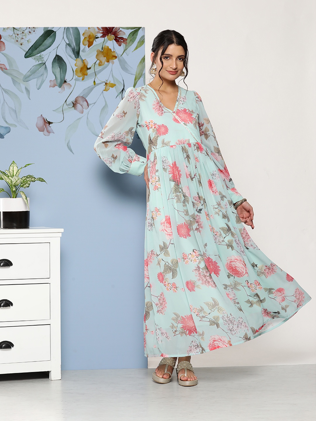 

Ahalyaa Women Floral Printed Maxi Ethnic Dress, Turquoise blue