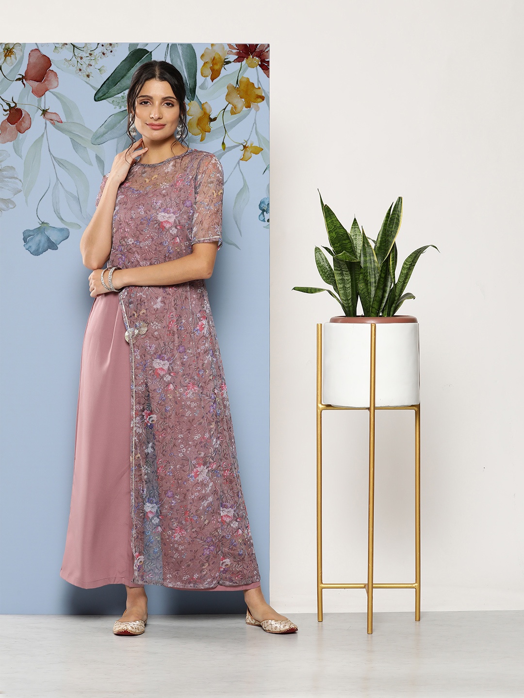 

Ahalyaa Printed Waist Tie-Ups Basic Jumpsuit, Mauve