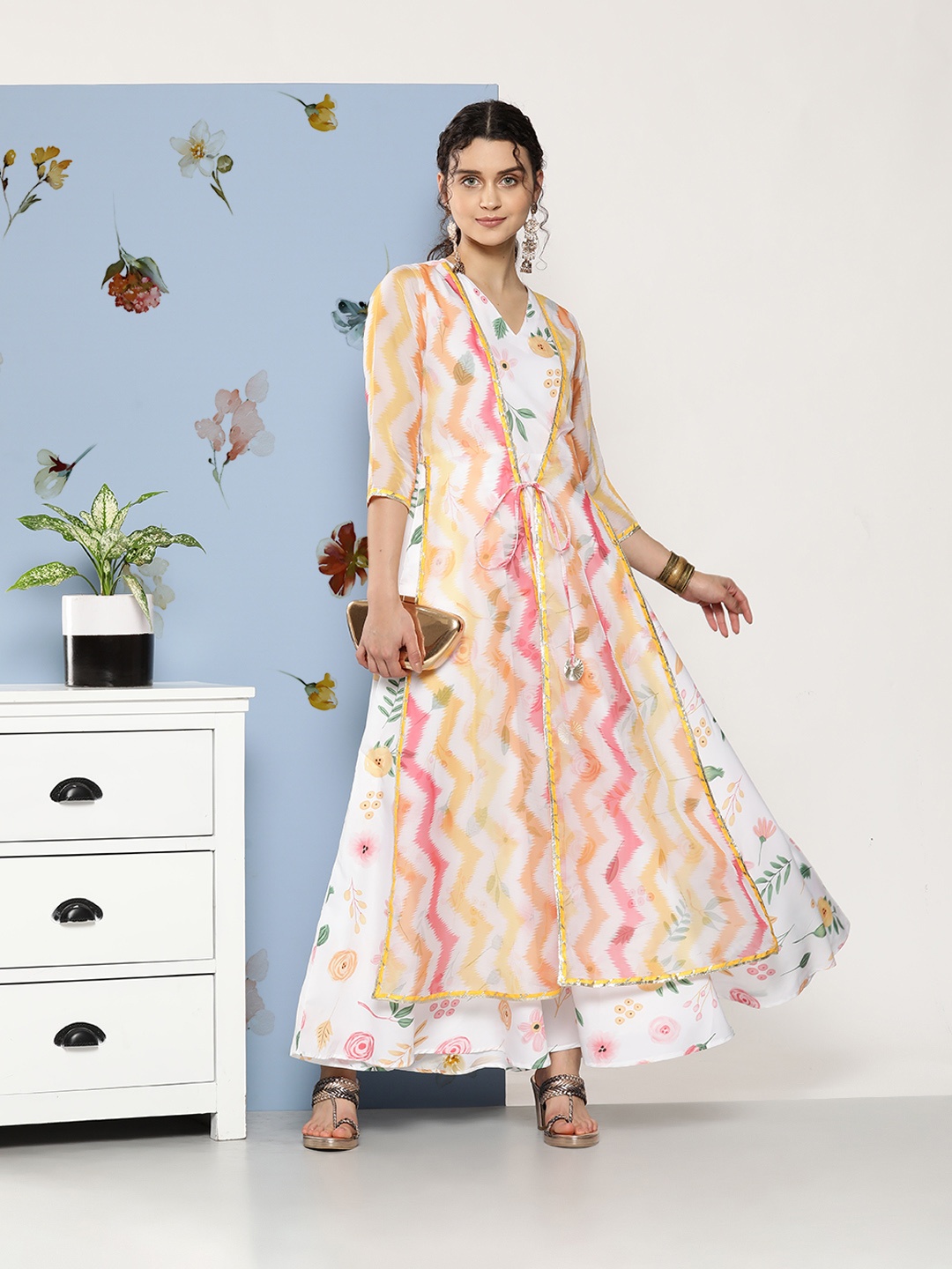 

Ahalyaa Women Printed Layered Maxi Ethnic Dress, White