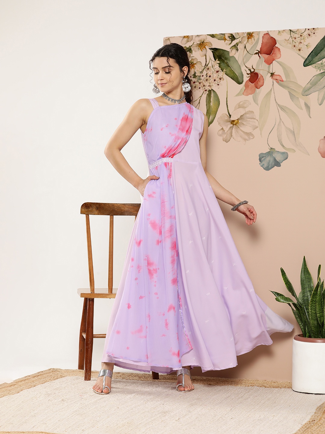 

Ahalyaa Women Printed Layered Maxi Ethnic Dress, Lavender
