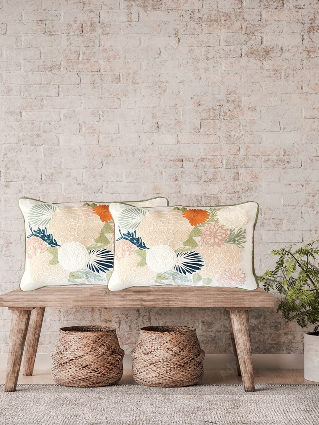 

SHADES of LIFE Peach & Orange Set of 2 Floral Rectangle Cushion Covers