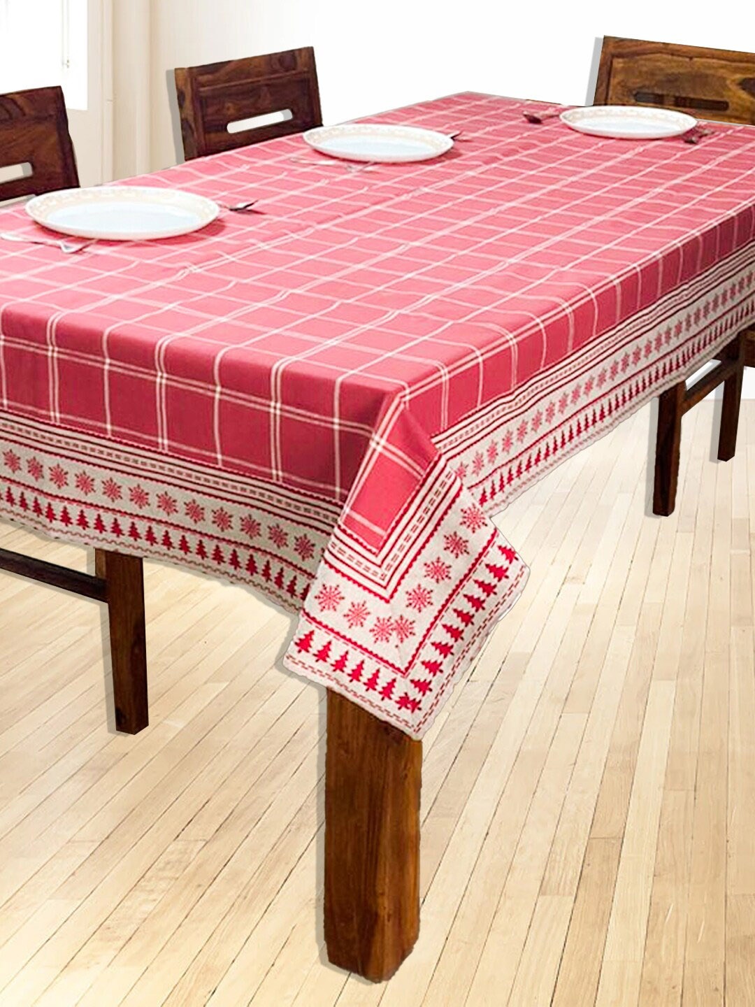 

SHADES of LIFE White & Pink Checked 6 Seater Table Cover