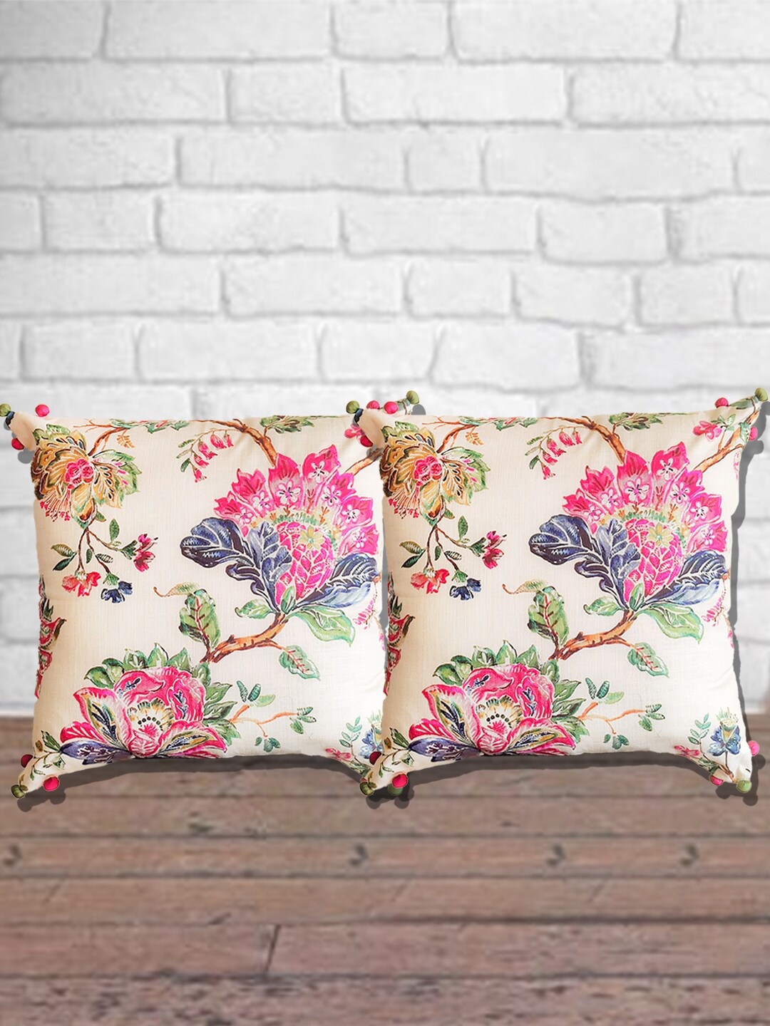 

SHADES of LIFE Cream-Coloured & Pink Set of 2 Floral Square Cushion Covers