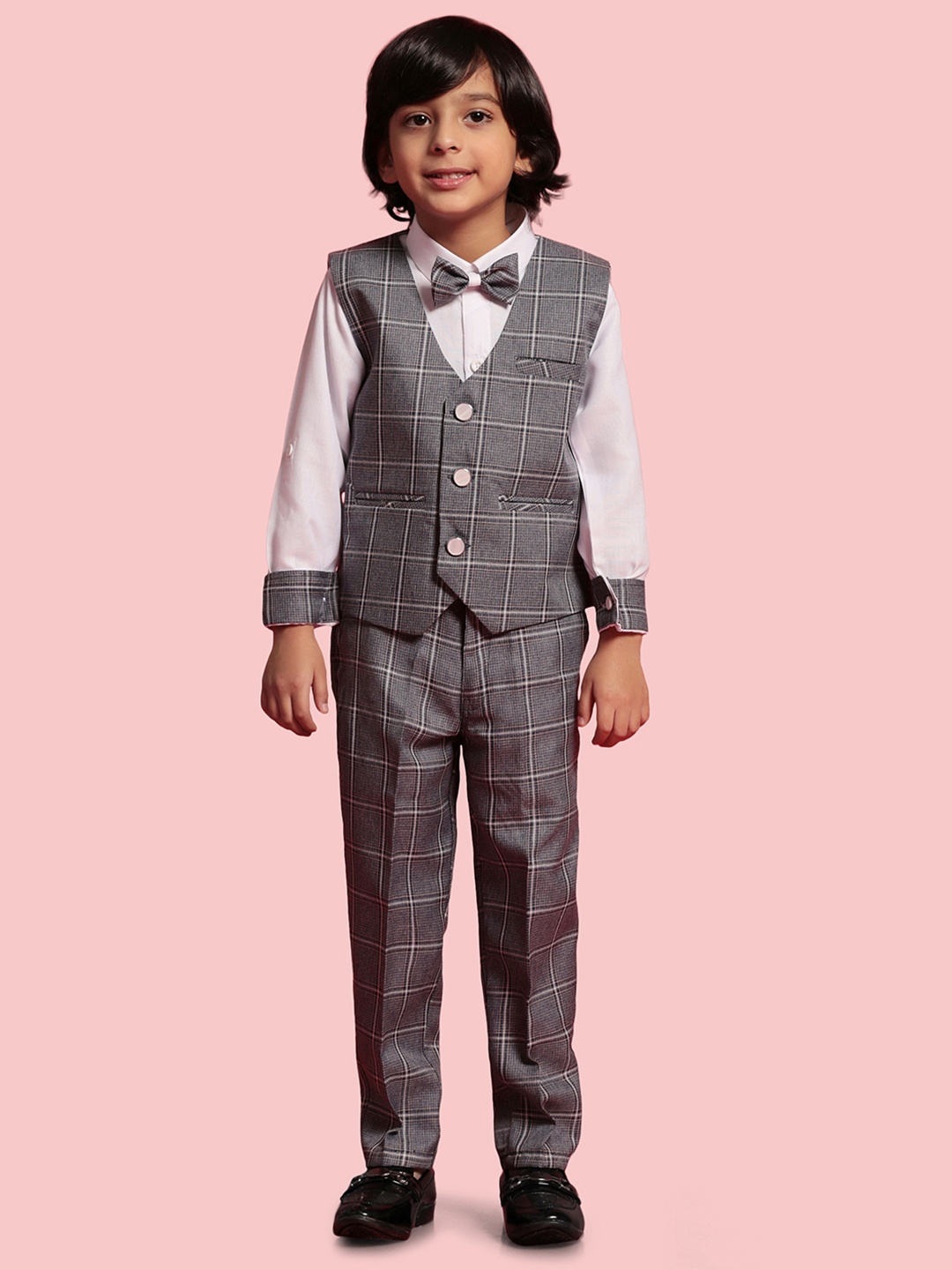 

AJ Dezines Boys Cotton Blend Checkered Suit Set, Grey