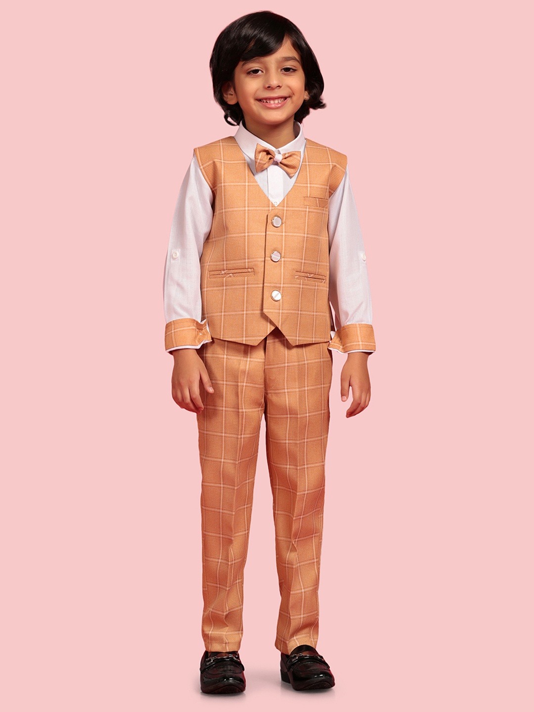 

Aj DEZInES Boys 4 Pcs Checked Cotton Suit Set, Brown