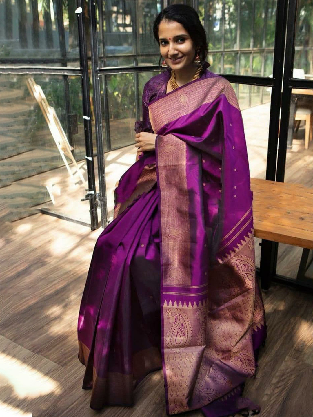 

Jinax Woven Design Zari Pure Silk Banarasi Saree, Purple