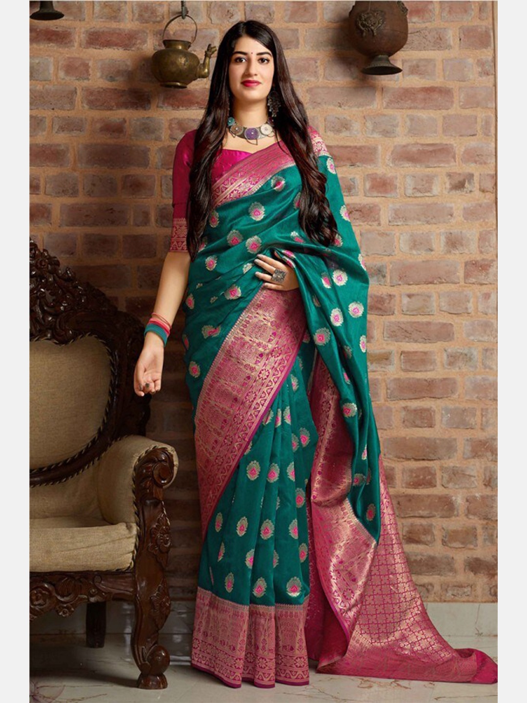 

Wuxi Ethnic Motifs Zari Pure Silk Banarasi Saree, Teal