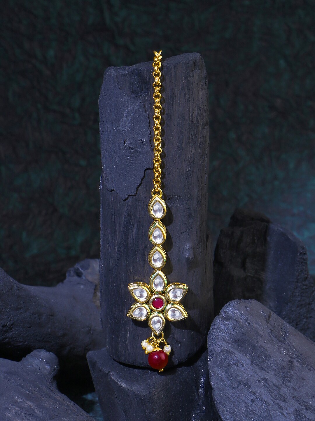 

Adwitiya Collection Gold-Plated Stone-Studded & Beaded Maang Tikka