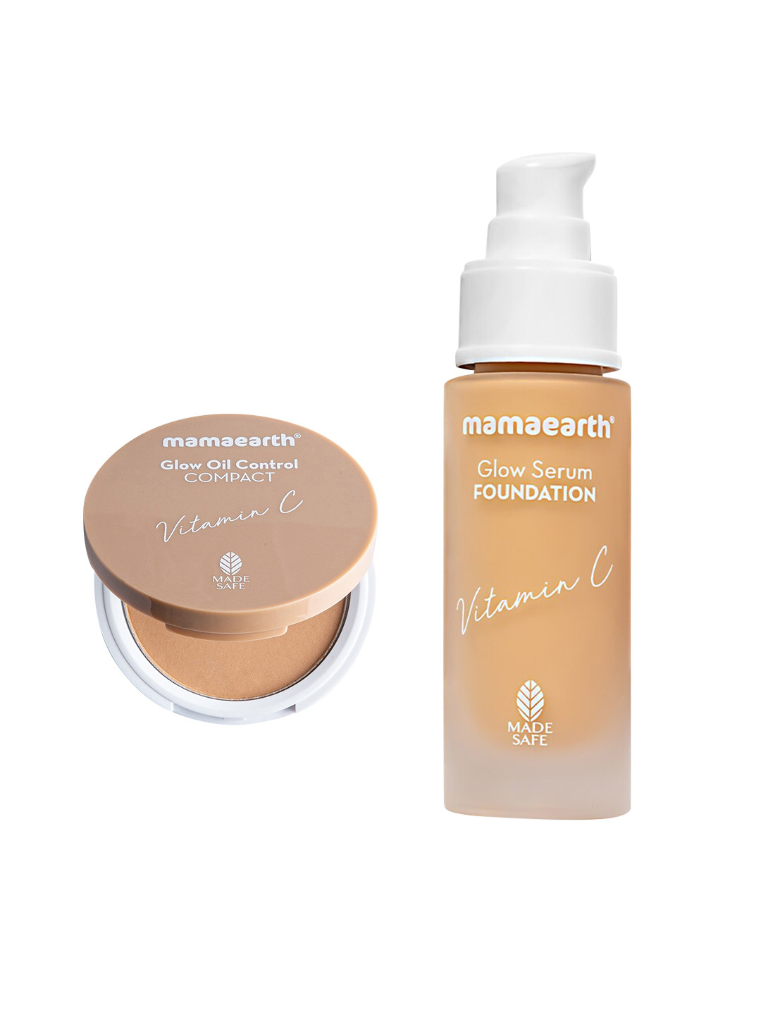 

Mamaearth Set of Vitamin C Glow Oil Control Compact 9 g & Glow Serum Foundation 30 ml, Beige
