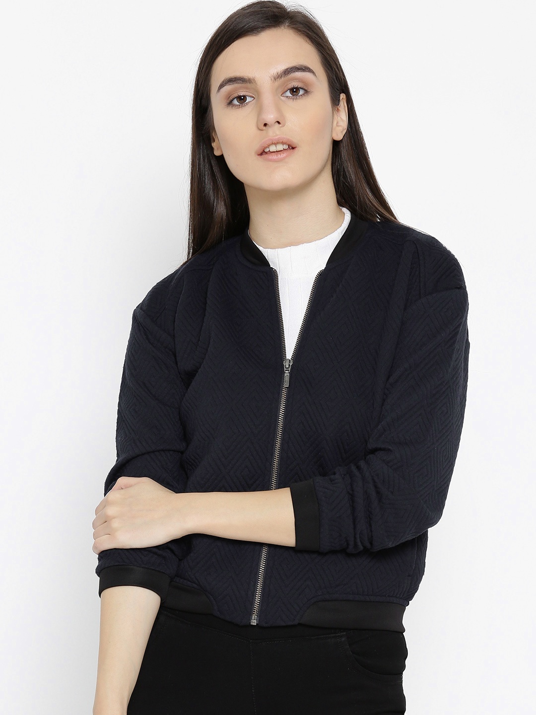 

Wills Lifestyle Women Navy Blue Self Design Bomber Jacket