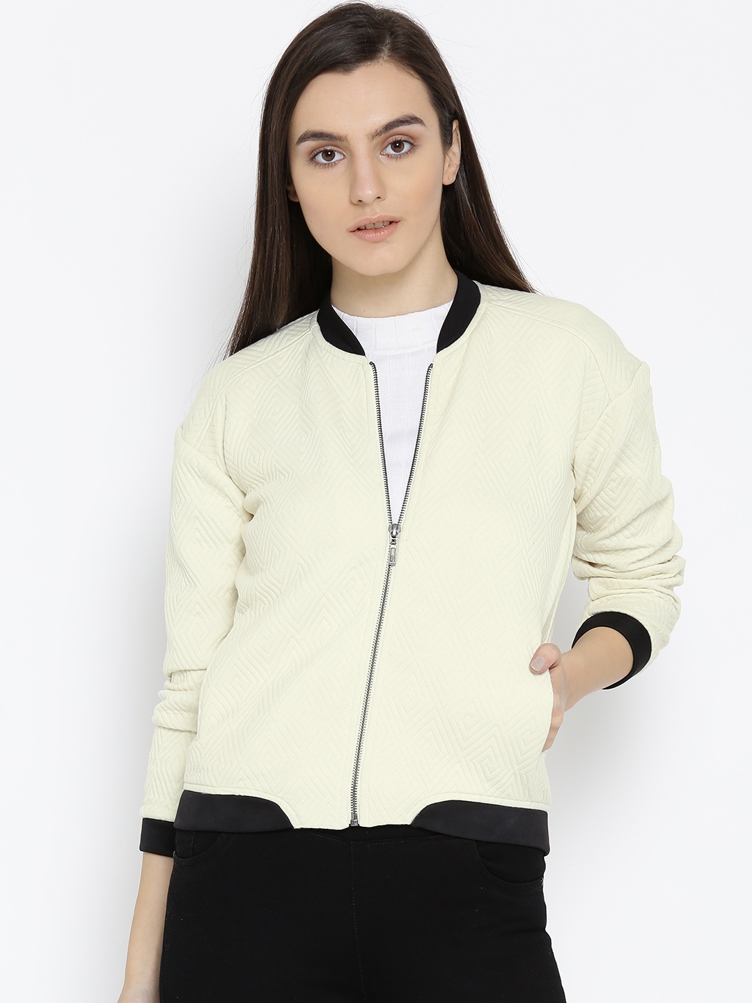 

Wills Lifestyle Women Cream-Coloured Self Design Bomber Jacket