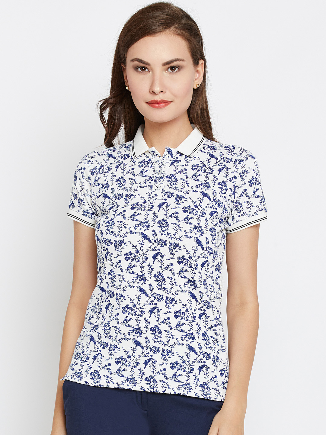 

Wills Lifestyle Women White & Navy Printed Polo Collar T-shirt