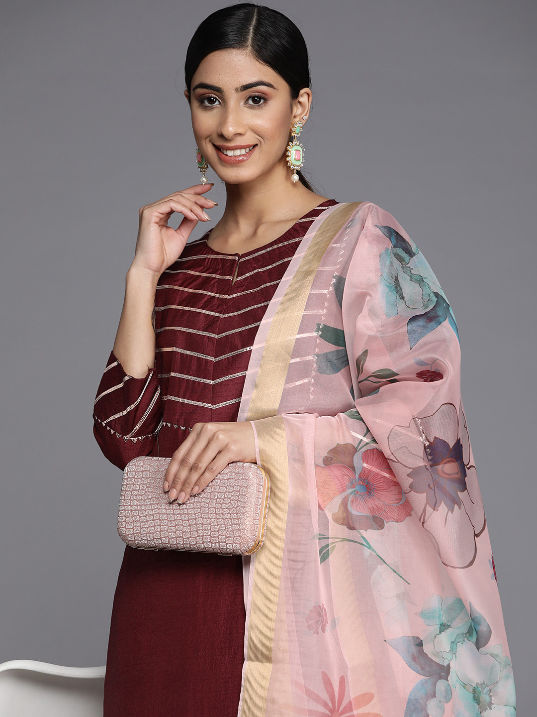 

Indo Era Women Yoke Design Gotta Patti Kurta With Trousers & With Dupatta, Burgundy