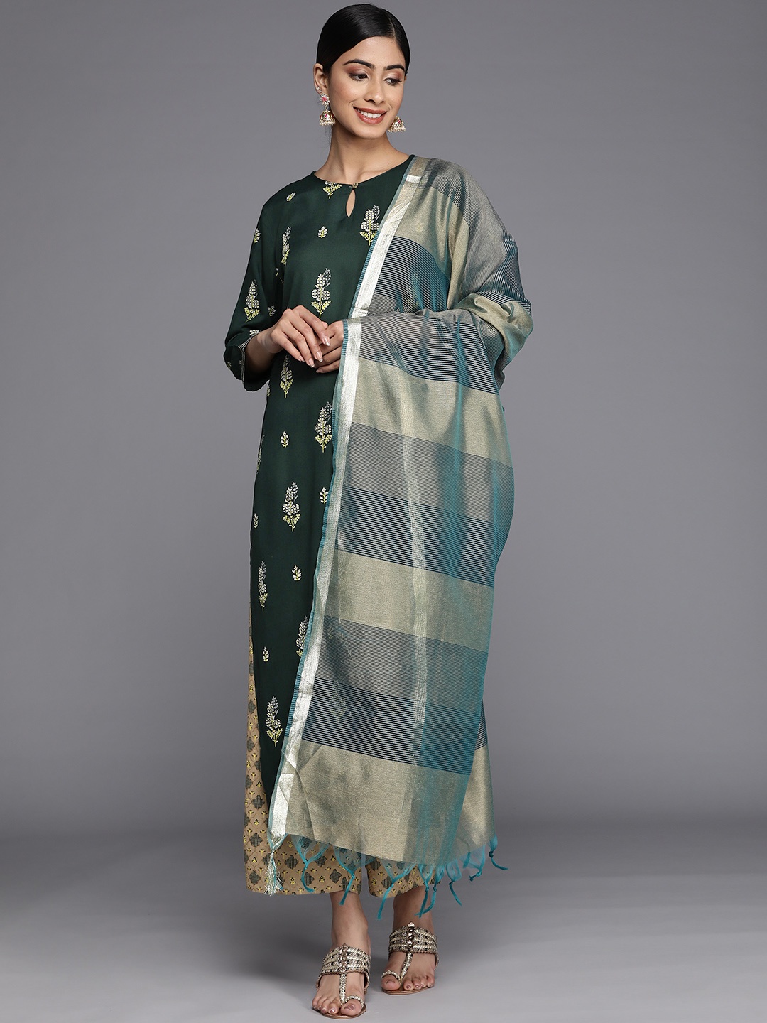 

Indo Era Women Ethnic Motifs Printed Liva Kurta With Palazzos & With Dupatta, Green