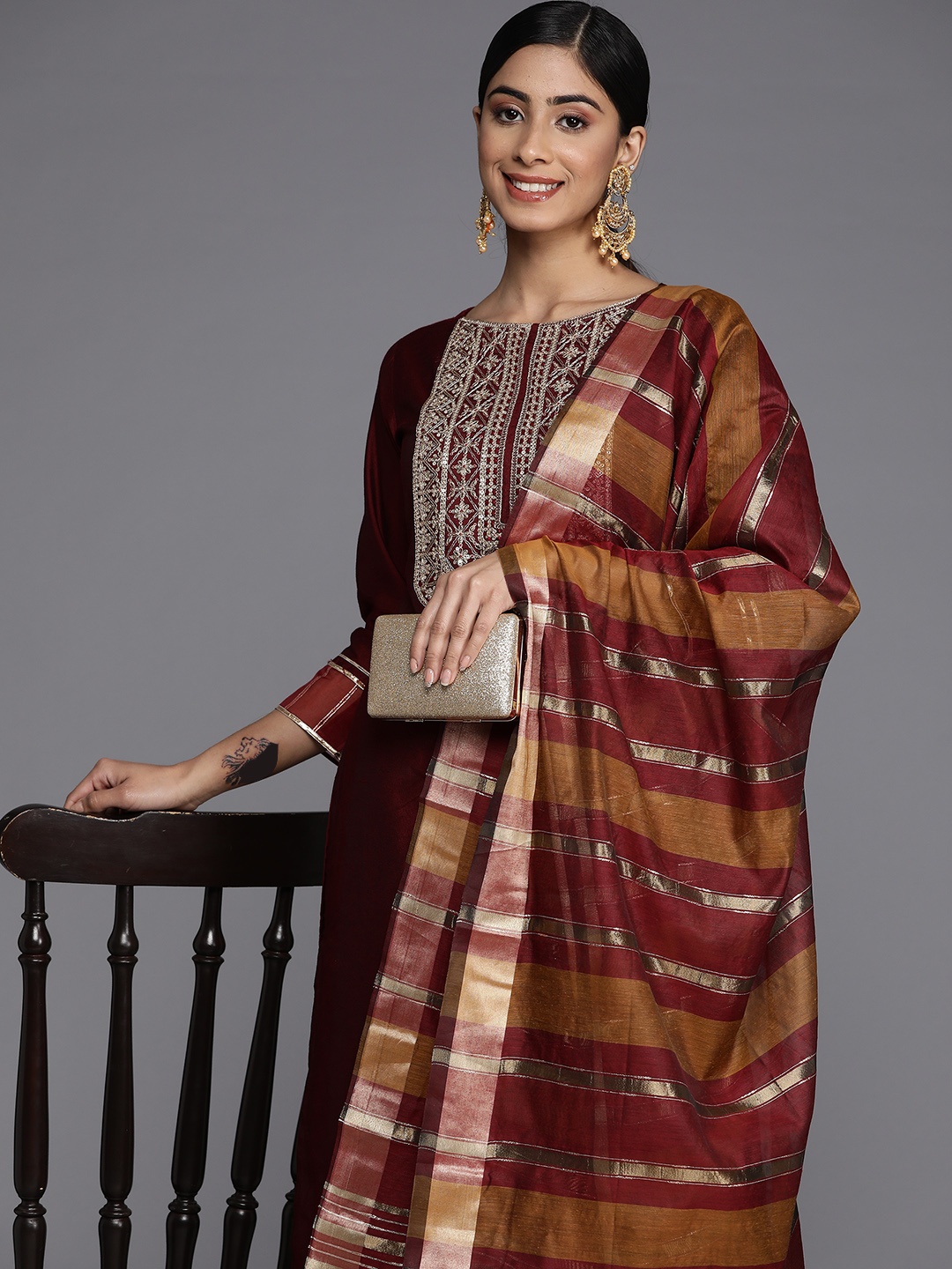 

Indo Era Women Ethnic Motifs Embroidered Sequinned Liva Kurta With Trousers & With Dupatta, Maroon