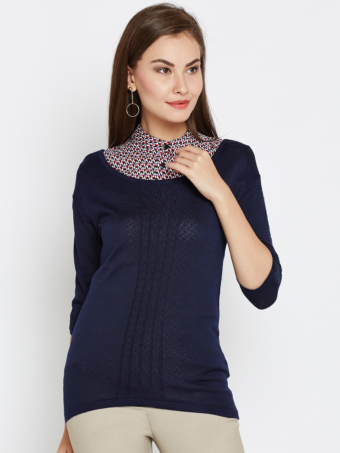 

Wills Lifestyle Women Navy Solid Semi-Sheer Top, Navy blue