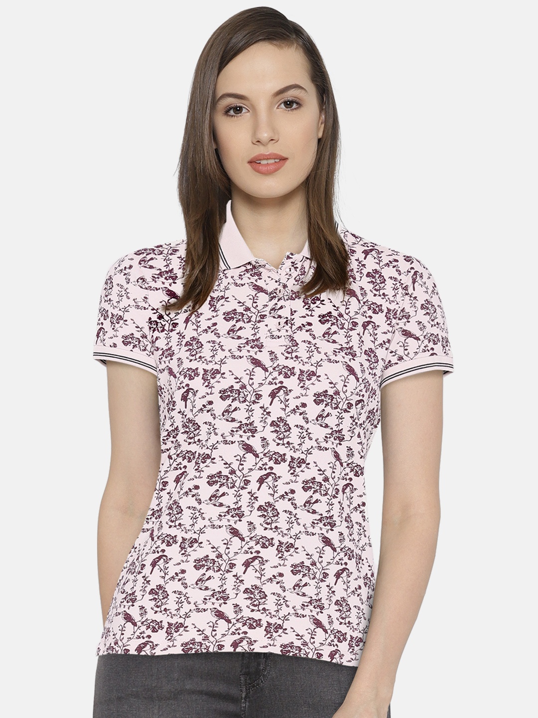 

Wills Lifestyle Women Pink Printed Polo Collar T-shirt