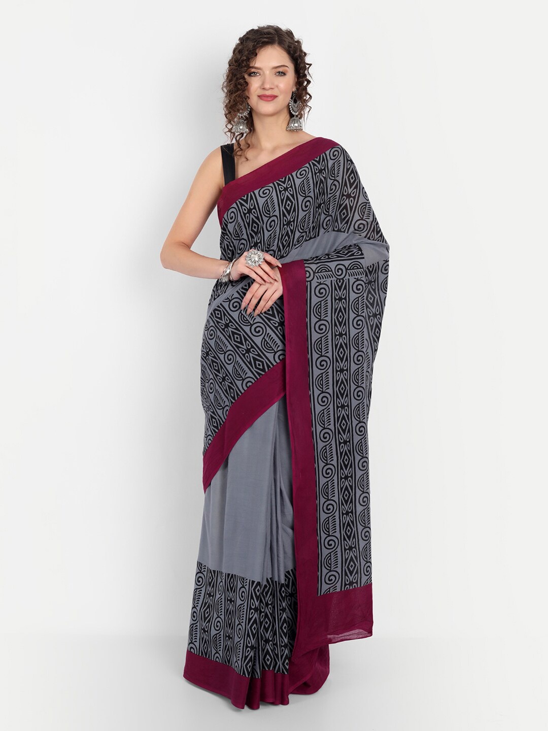 

BUTA BUTI Ethnic Motifs Pure Cotton Ready to Wear Saree, Grey