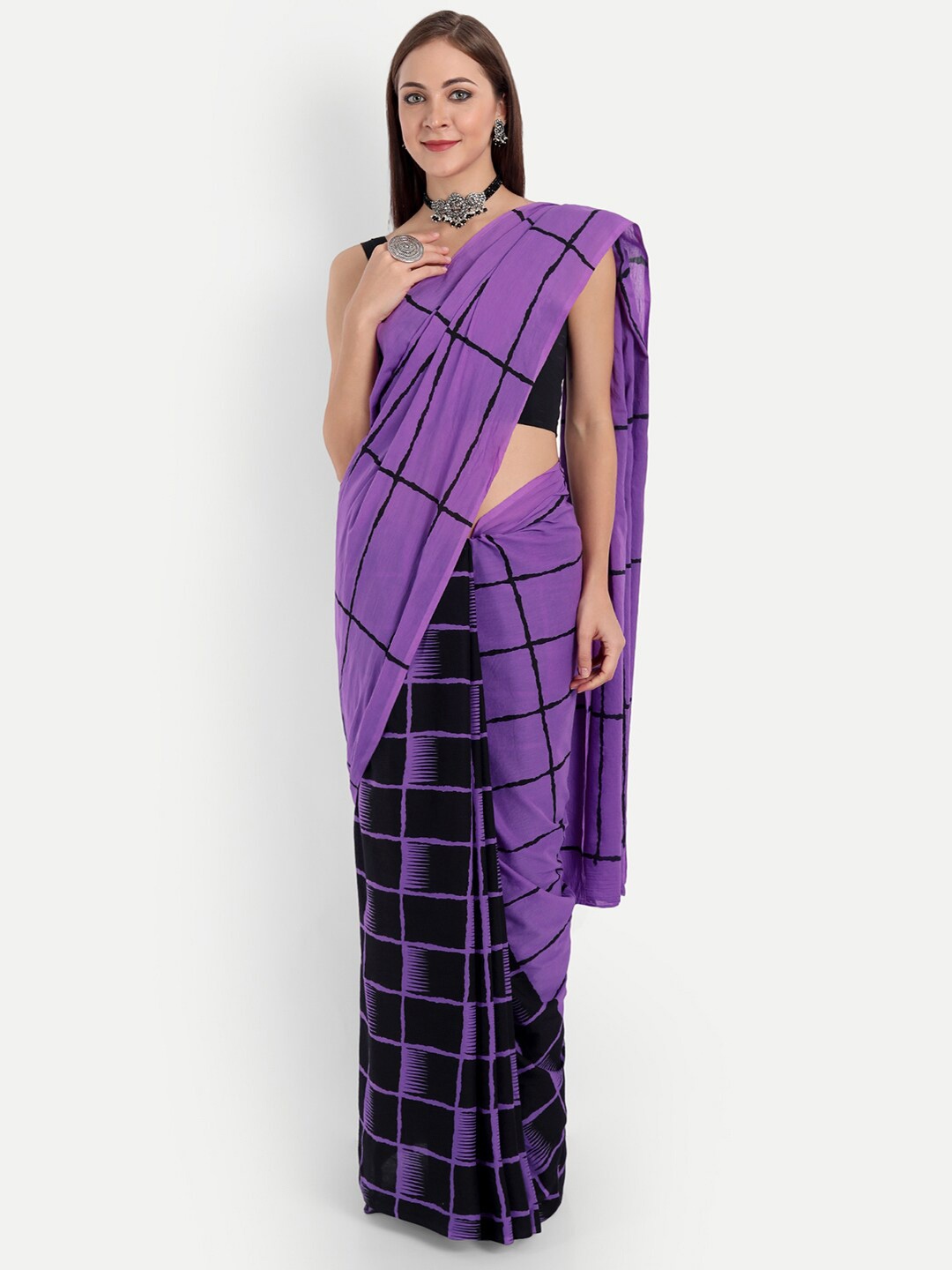 

BUTA BUTI Checked Pure Cotton Ready to Wear Saree, Violet