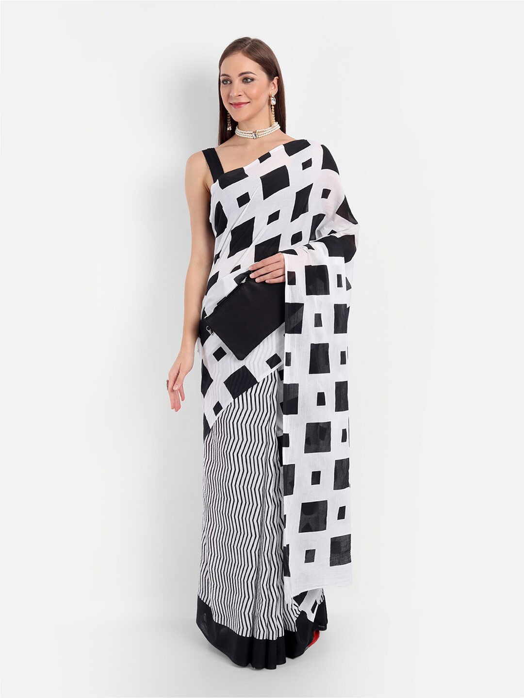 

BUTA BUTI Geometric Printed Pure Cotton Saree, White
