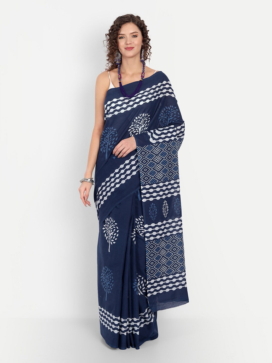

BUTA BUTI Ethnic Motifs Pure Cotton Saree, Navy blue