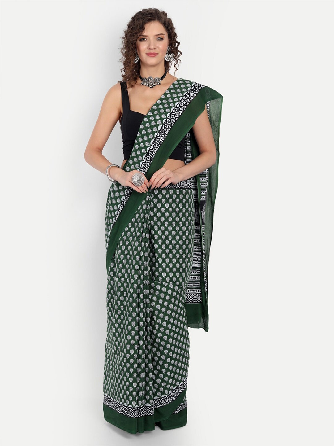 

BUTA BUTI Floral Pure Cotton Saree, Green