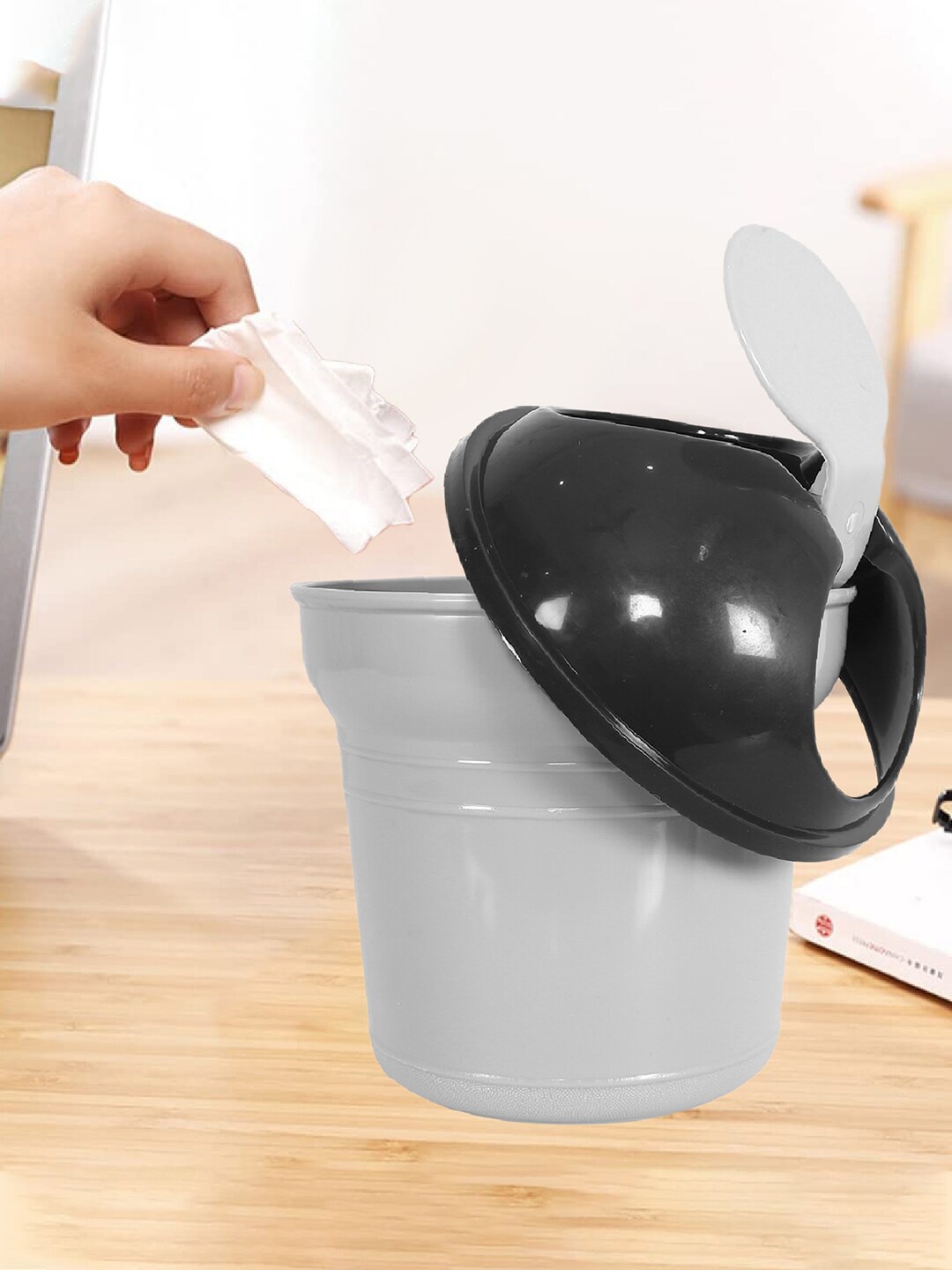 

Kuber Industries Grey & Black Set Of 2 Durable Small Table Dustbins 3 L Each