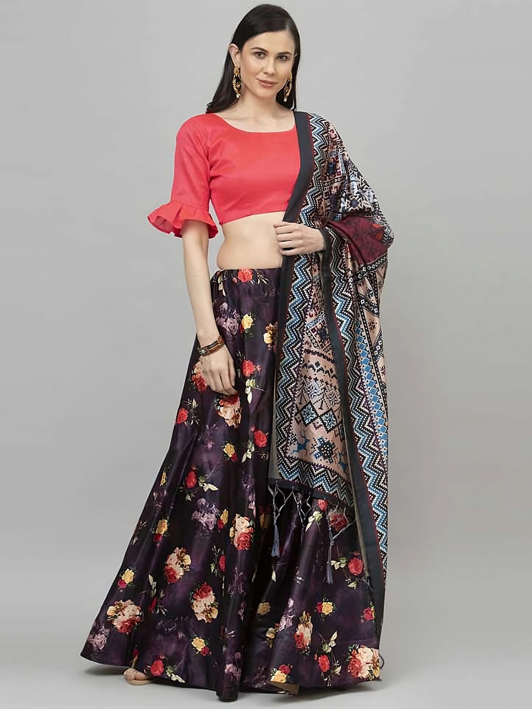 

Kaizen TEXO FAB Purple & Coral Printed Semi-Stitched Lehenga Choli