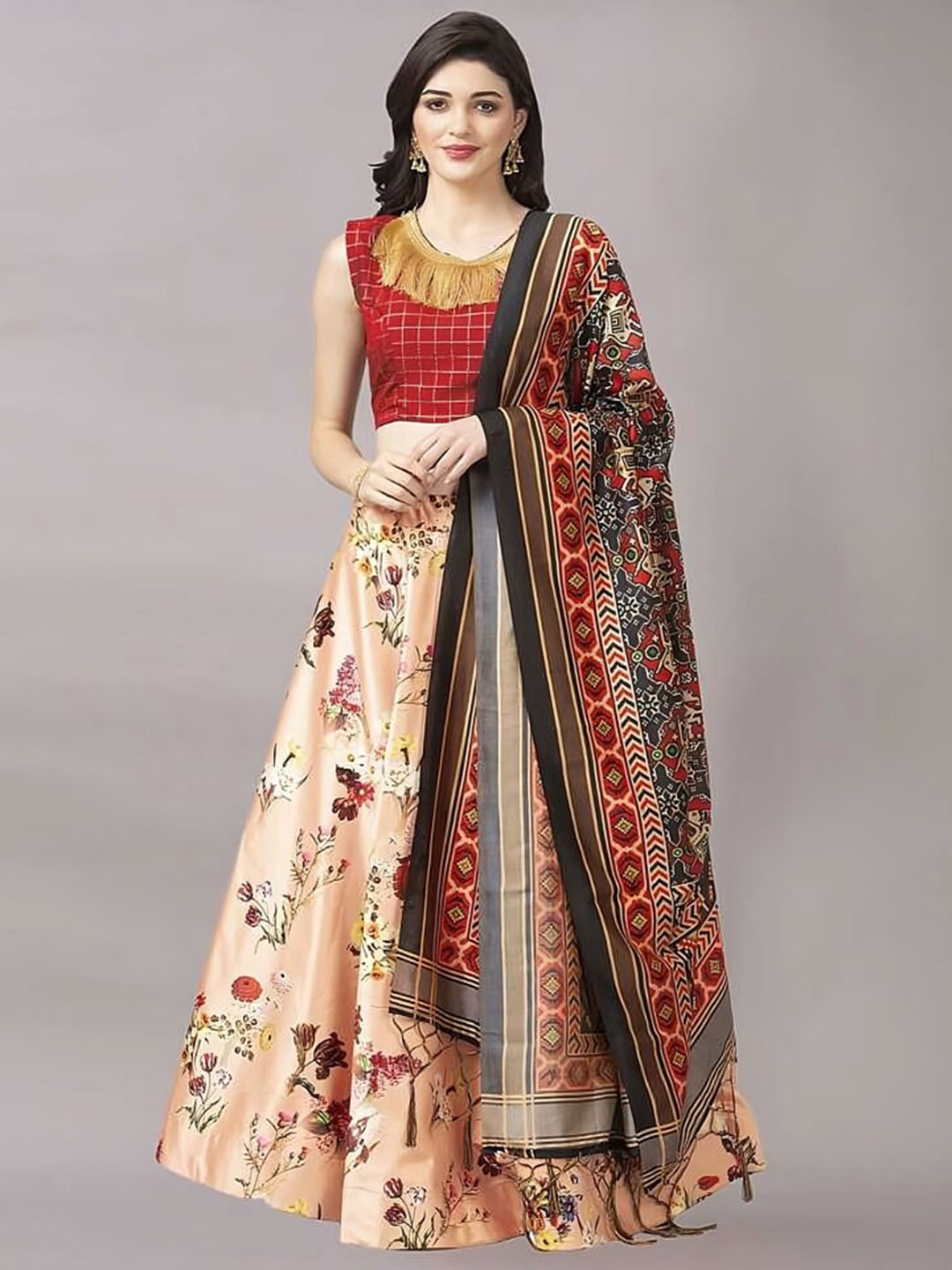 

Kaizen TEXO FAB Peach-Coloured & Red Printed Semi-Stitched Lehenga Choli