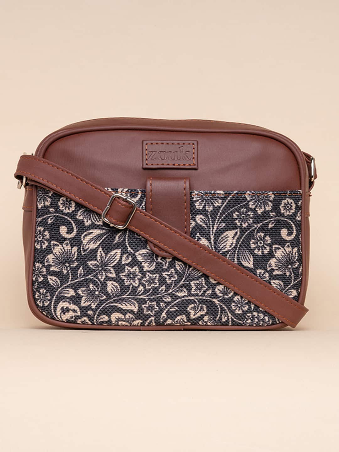 

ZOUK Floral Printed Structured Sling Bag, Black