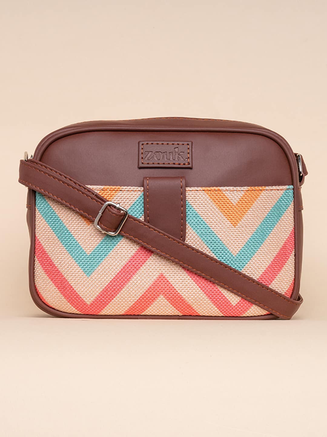 

ZOUK Geometric Printed Structured Sling Bag, Brown