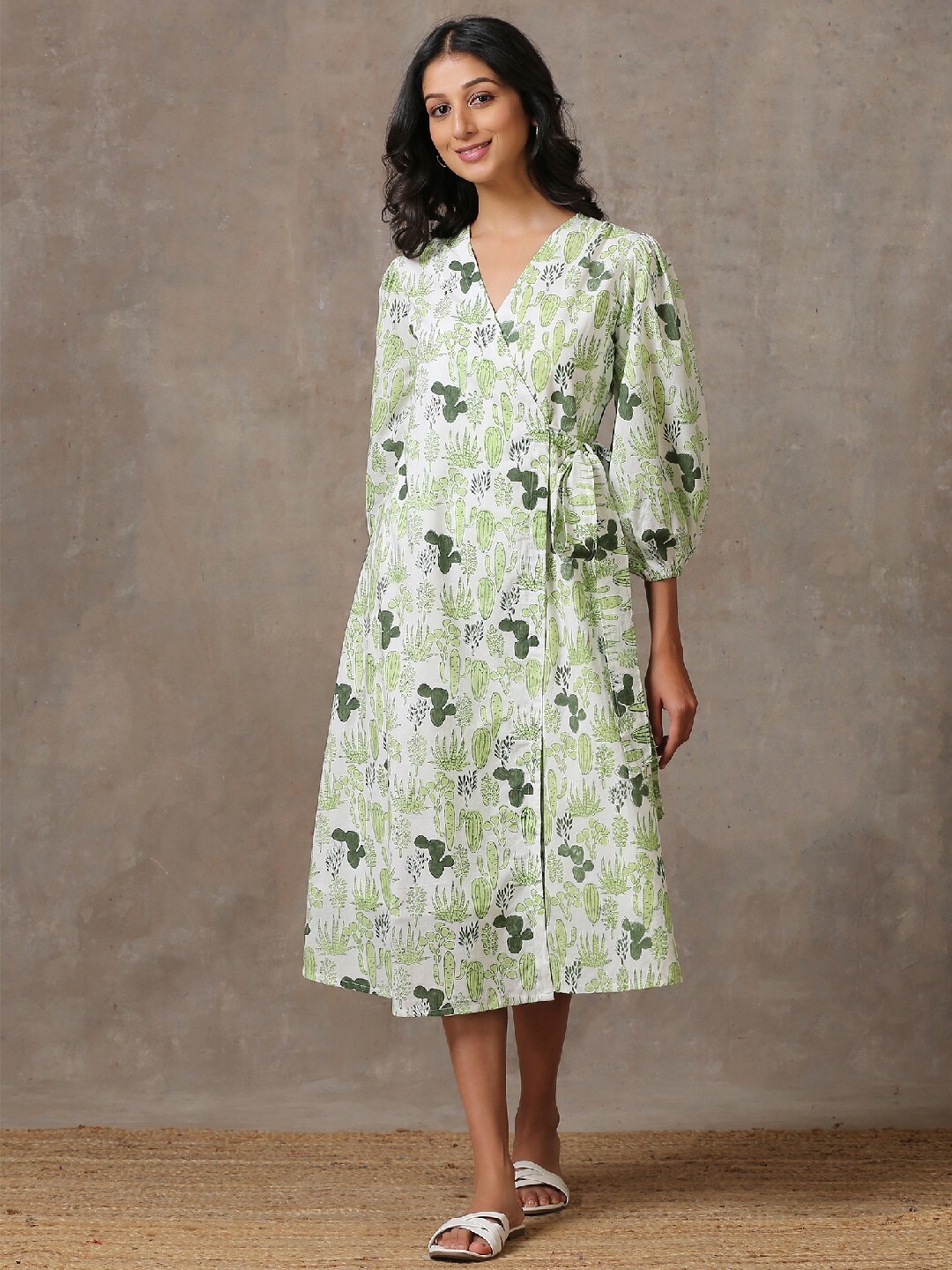 

OKHAI Women Floral Printed Ethnic A-Line Midi Dress, White