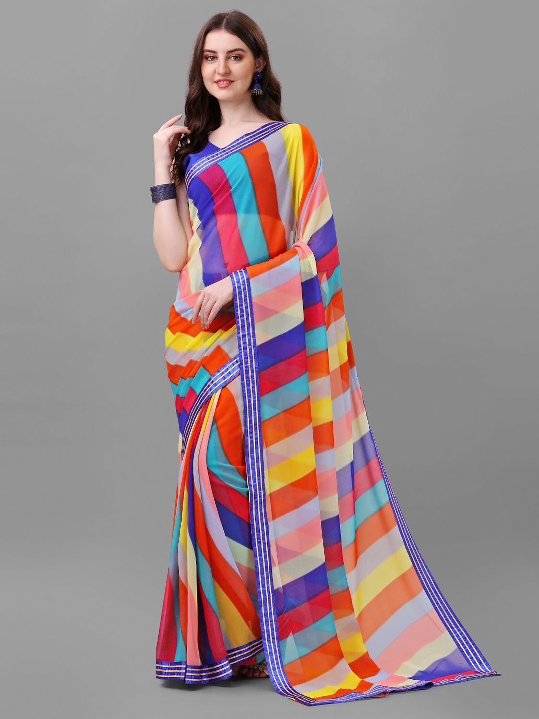 

B4ME COM Striped Pure Georgette Saree, Blue