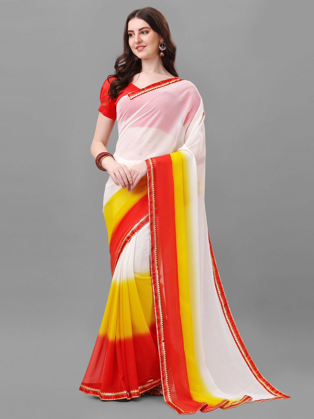 

B4ME COM Colourblocked Zari Pure Georgette Leheriya Saree, Red