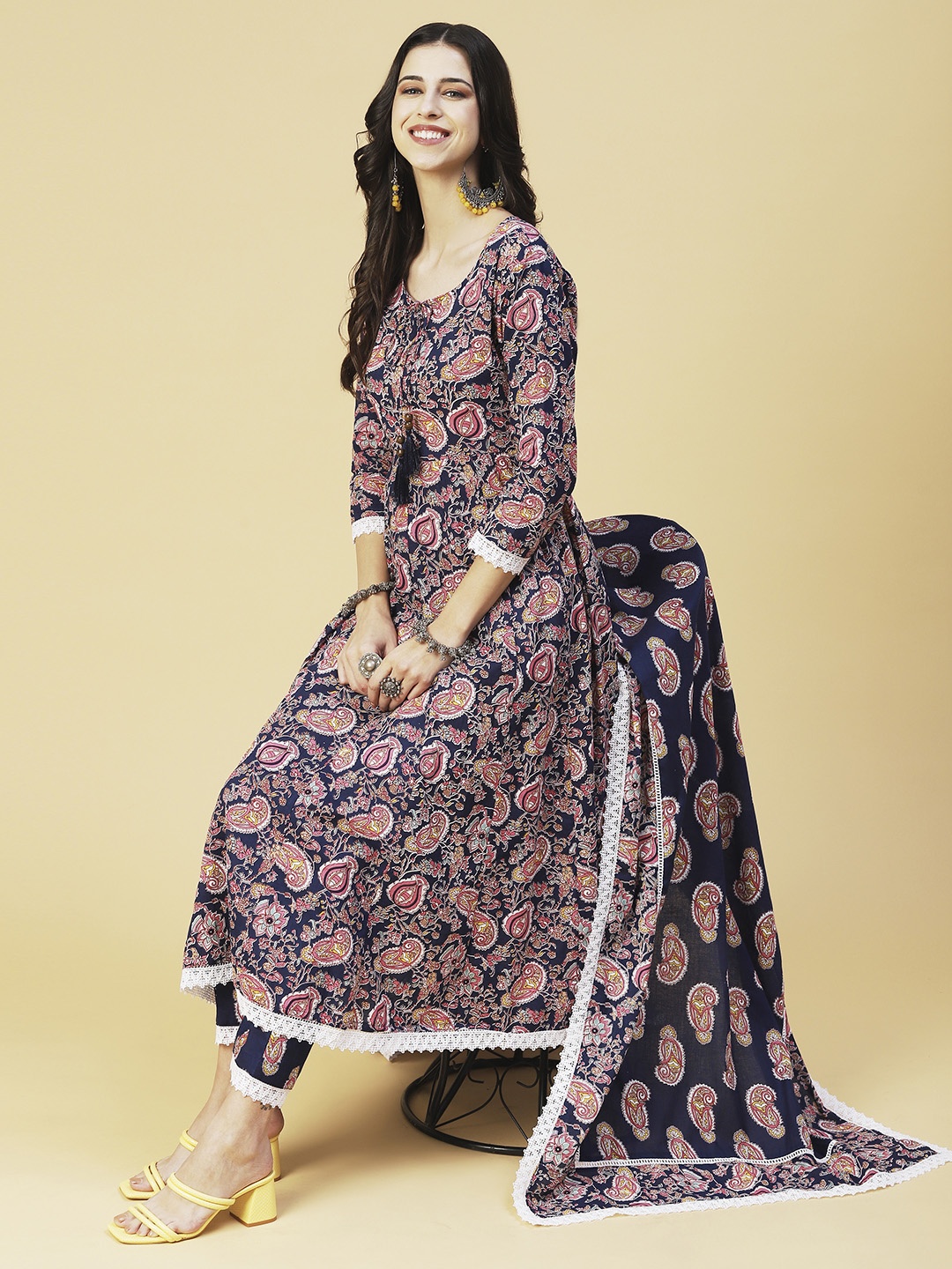 

FASHOR Ethnic Motifs Printed Empire Pure Cotton Kurta with Trousers & With Dupatta, Blue