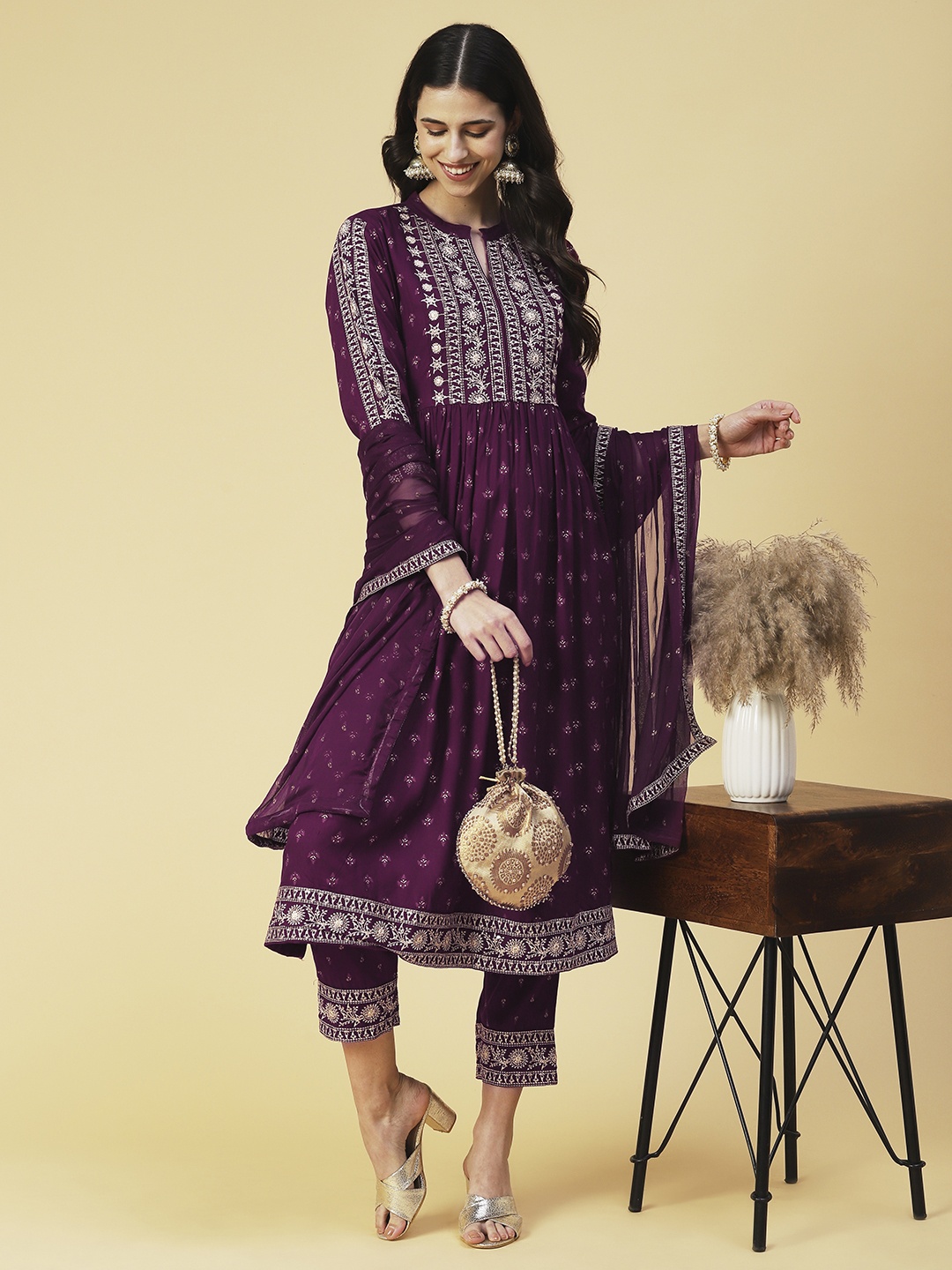 

FASHOR Ethnic Motifs Printed Pleated Kurta with Trousers & With Dupatta, Purple