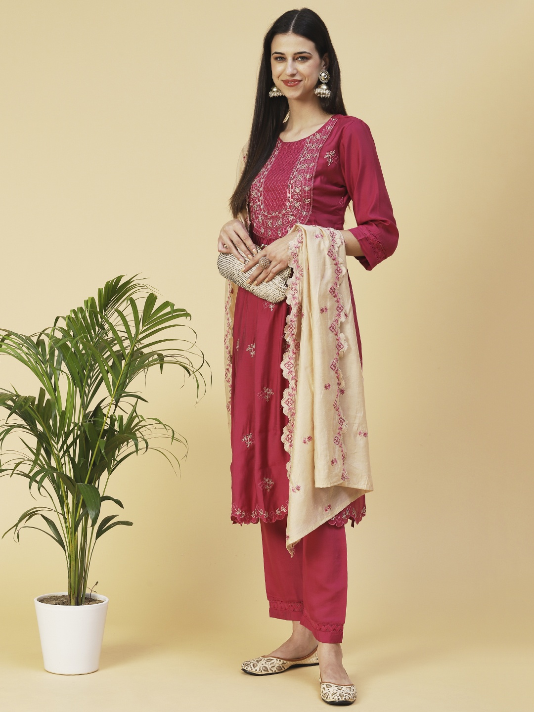 

FASHOR Ethnic Motifs Embroidered Pleated Kurta with Trousers & With Dupatta, Rust