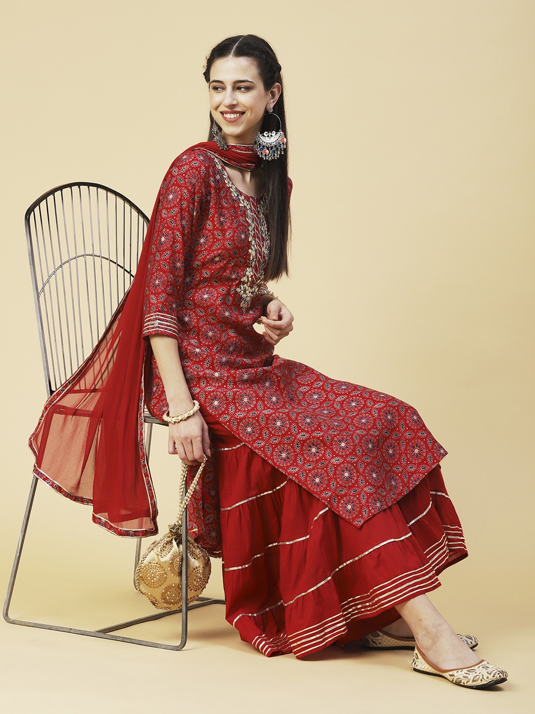 

FASHOR Women Ethnic Motifs Printed Thread Work Kurta With Sharara & Dupatta, Red