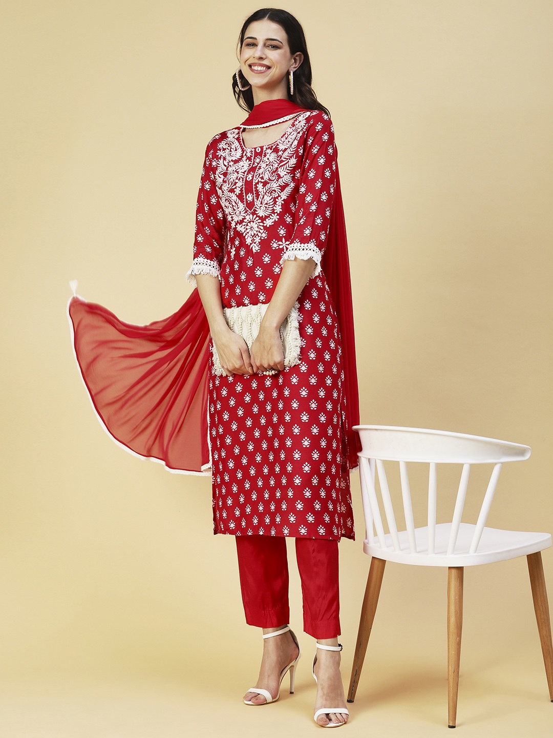 

FASHOR Women Ethnic Motifs Printed Thread Work Kurta With Trousers & Dupatta, Red