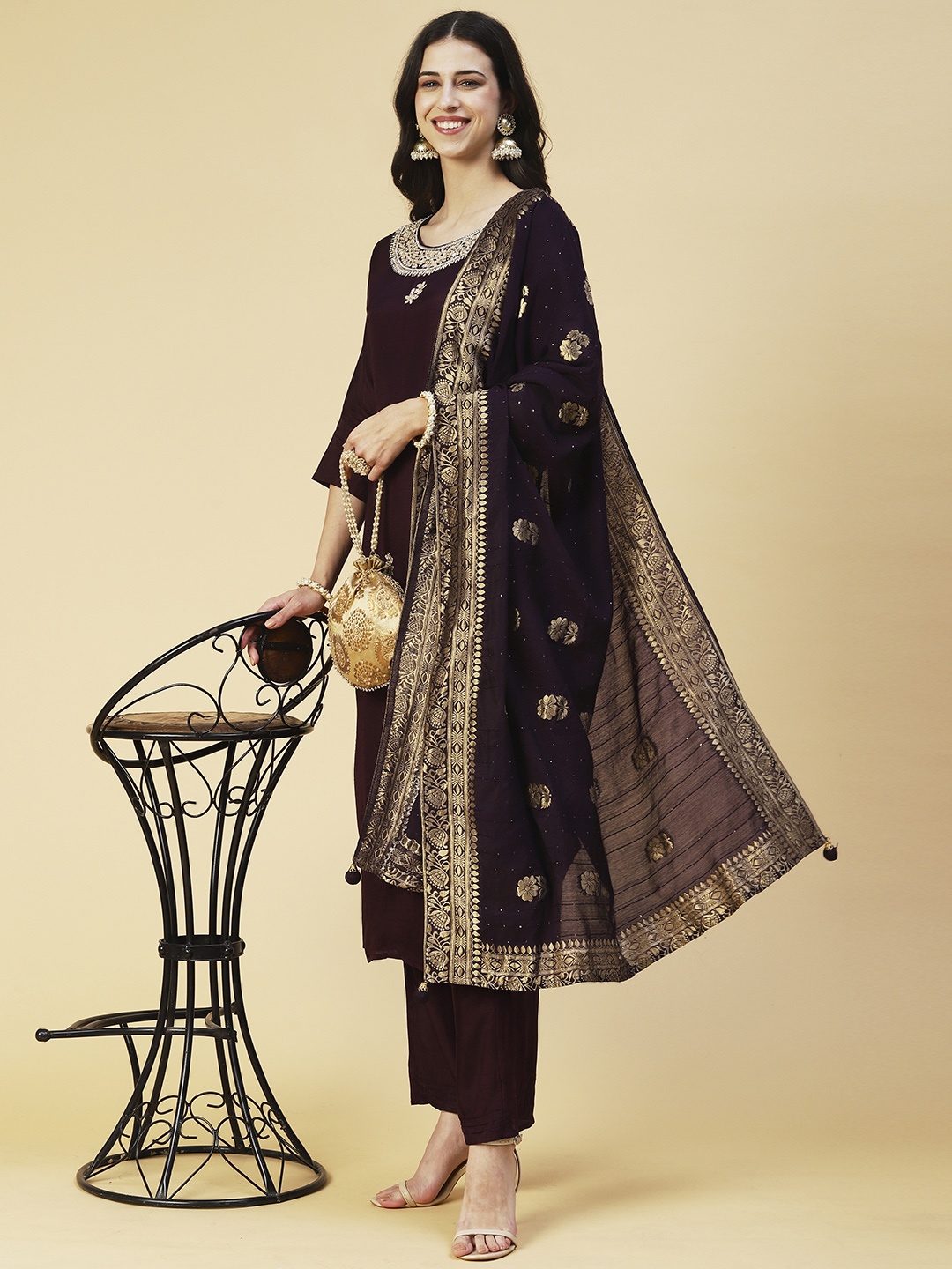 

FASHOR Women Ethnic Motifs Embroidered Gotta Patti Kurta with Trousers & Dupatta, Violet