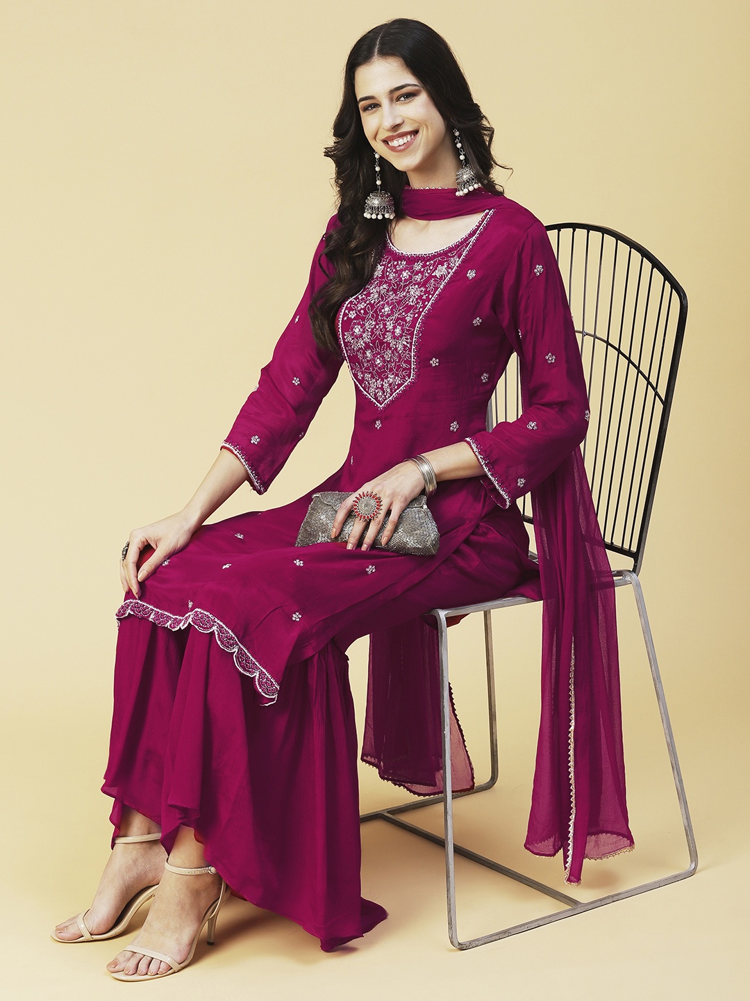 

FASHOR Women Embroidered Thread Work Kurta with Sharara & Dupatta, Pink