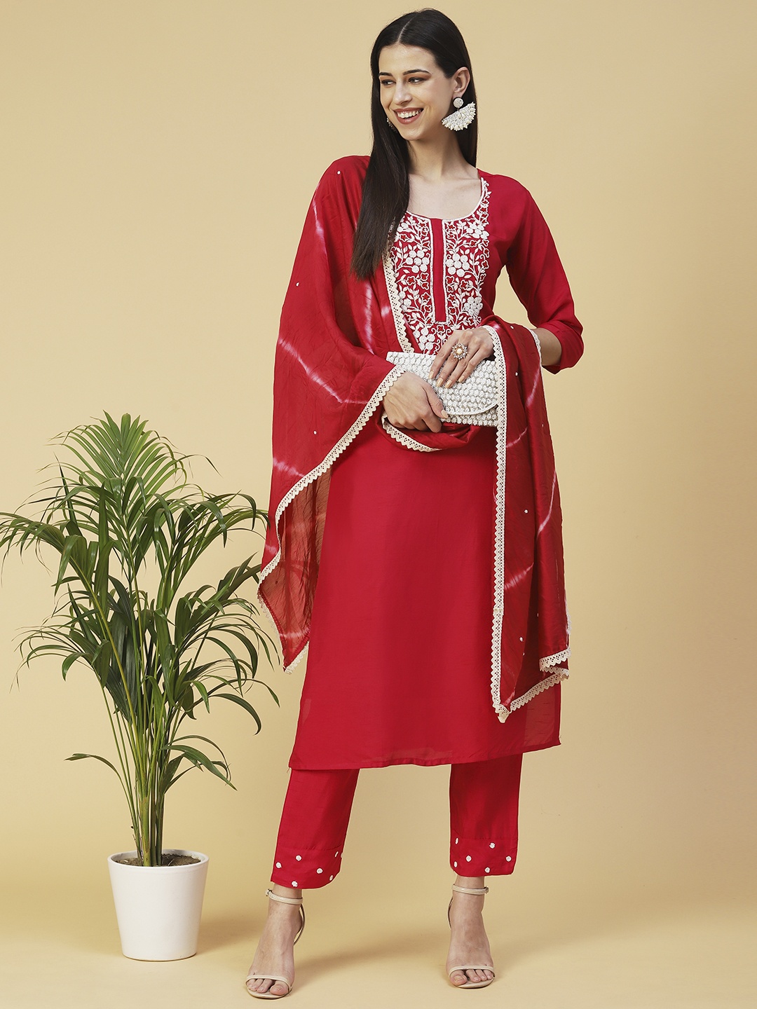 

FASHOR Women Embroidered Kurta with Trousers & Dupatta, Red