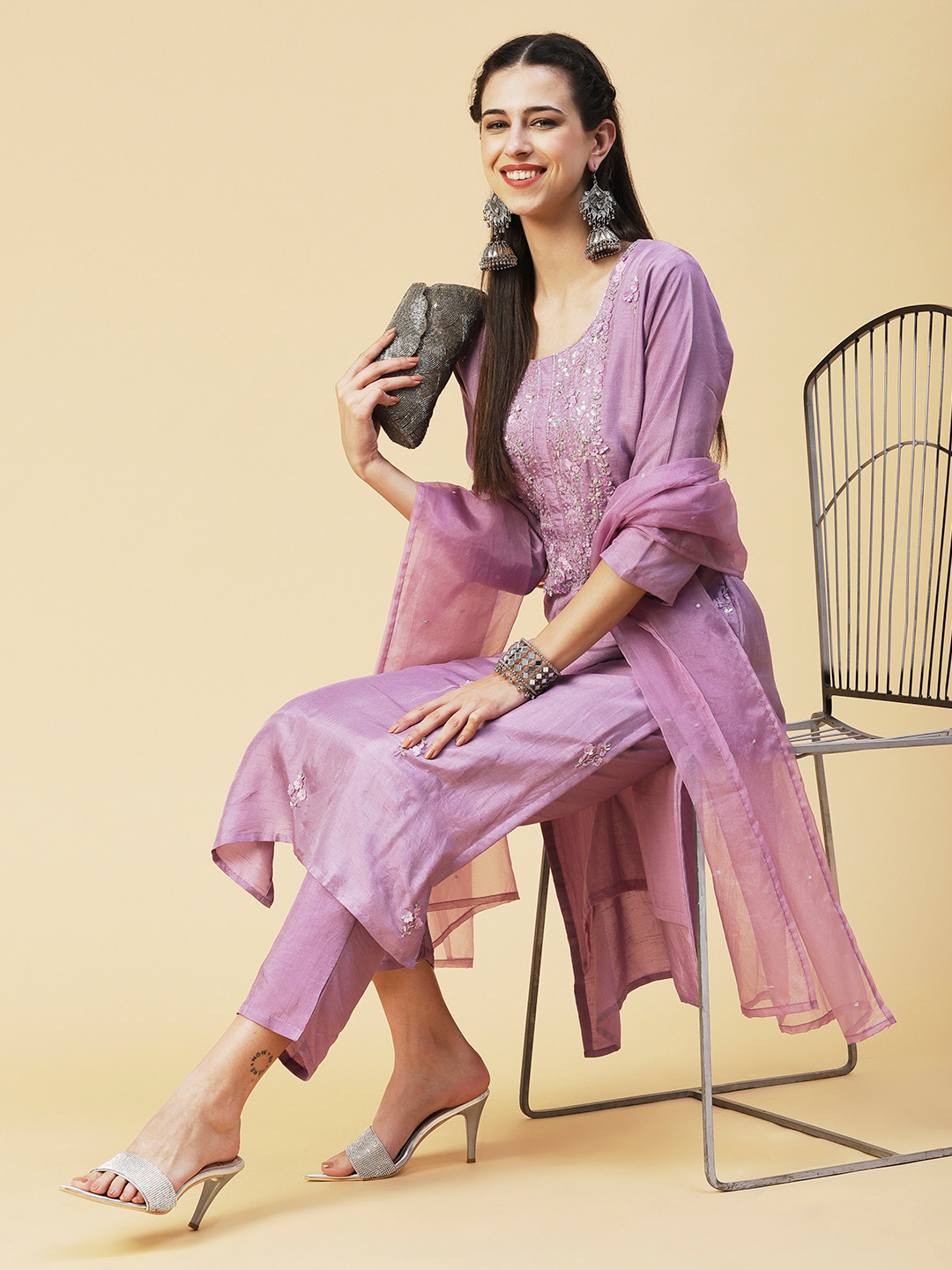

FASHOR Women Embroidered Kurta with Trousers & Dupatta, Purple