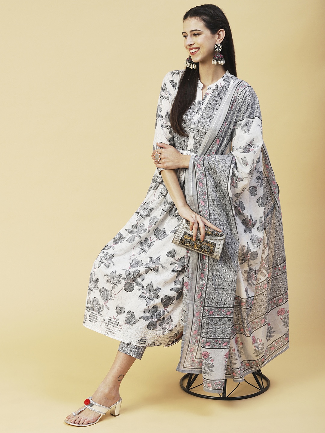 

FASHOR Women Printed Empire Mirror Work Pure Cotton Kurta with Trousers & Dupatta, White