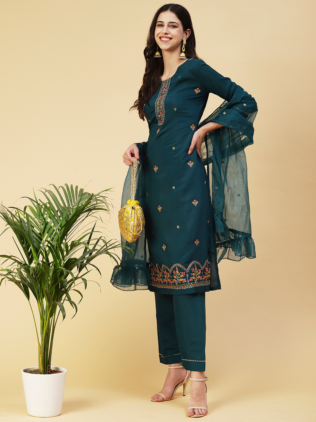 

FASHOR Women Embroidered Kurta with Trousers & Dupatta, Teal