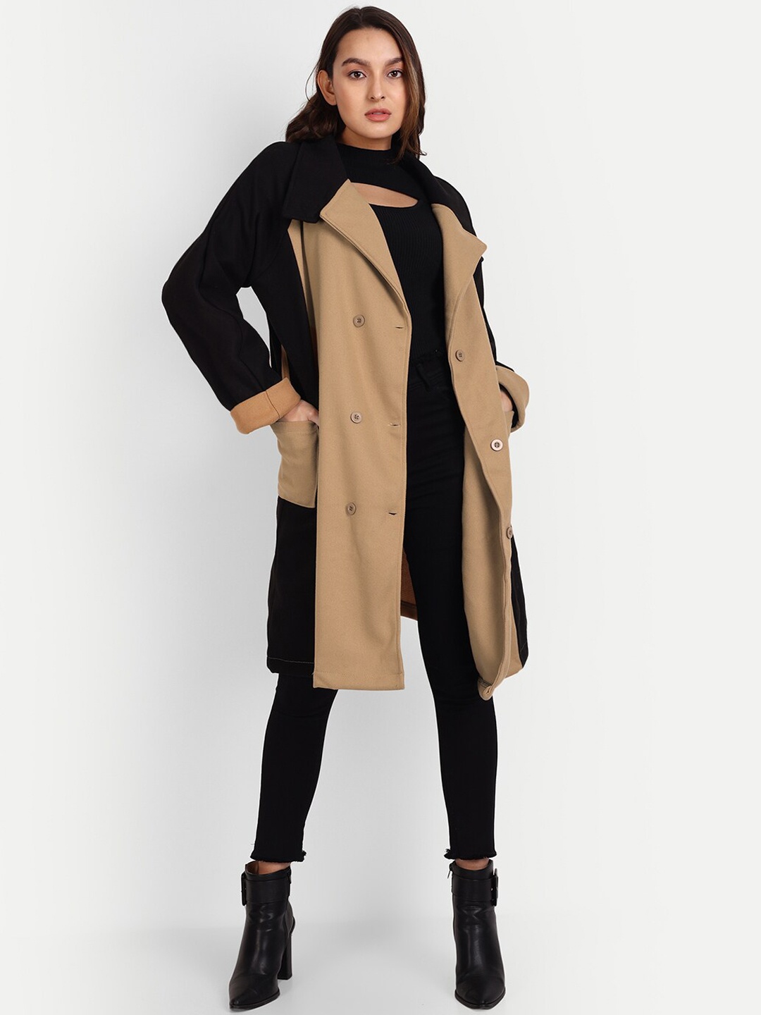 

iki chic Women Colourblocked Double-Breasted Wool Trench Coat, Beige