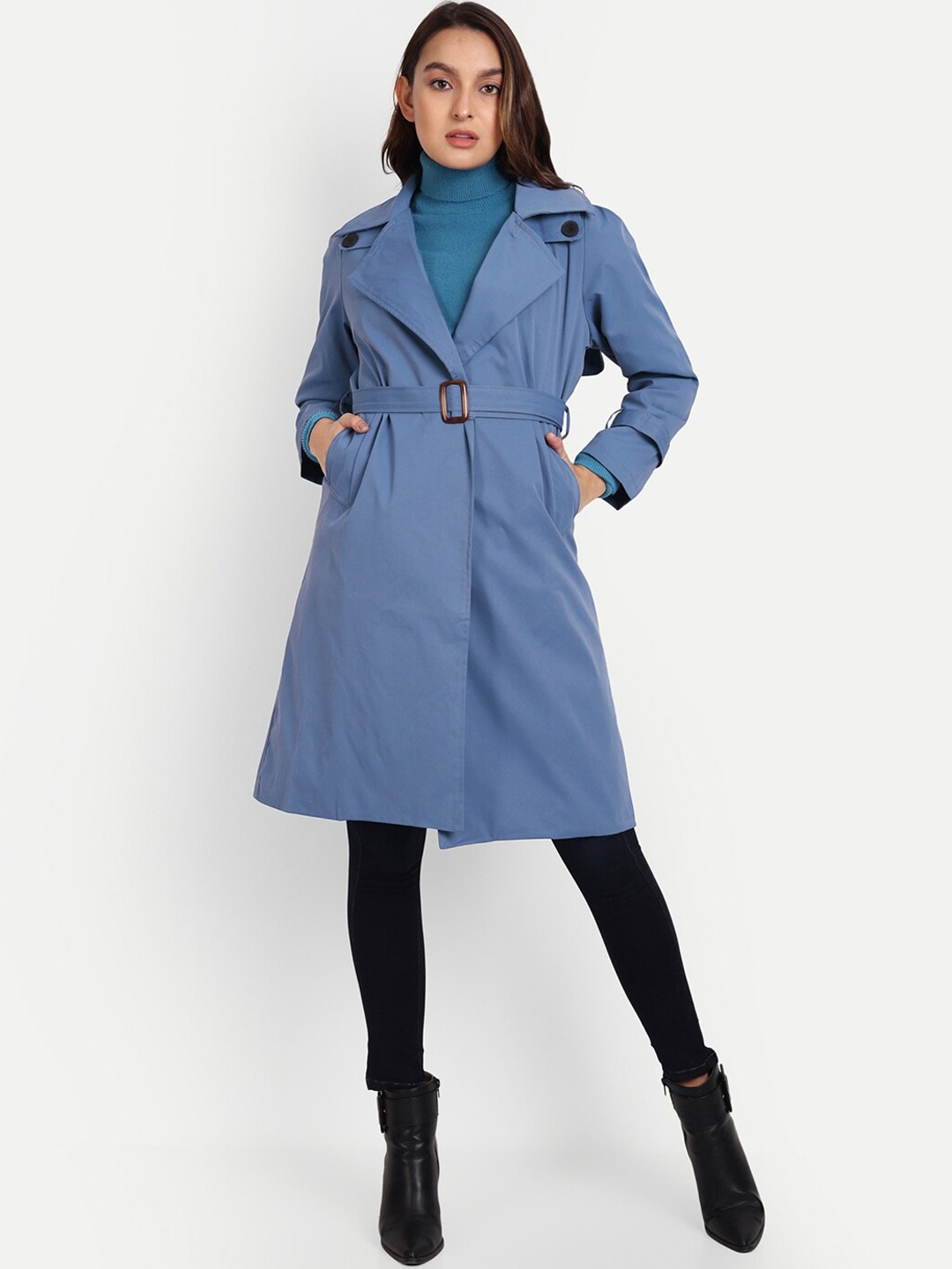 

iki chic Women Notched Lapel Cotton Longline Trench Coats, Blue