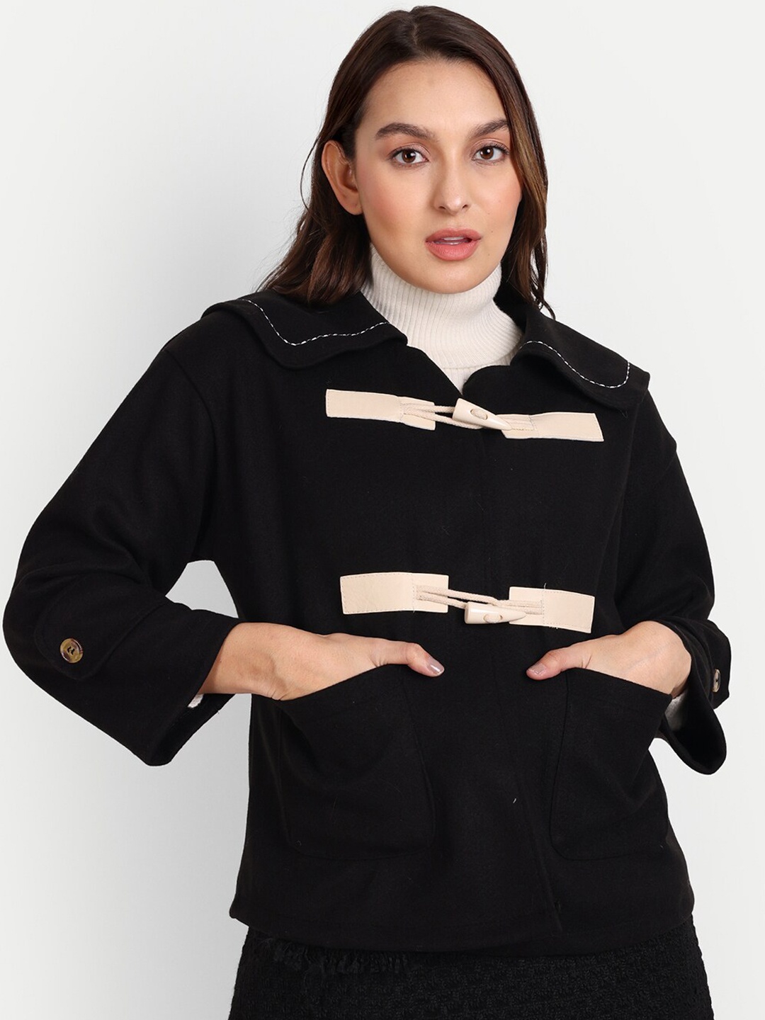 

iki chic Women Sailor Collar Front Button Suede Overcoat, Black