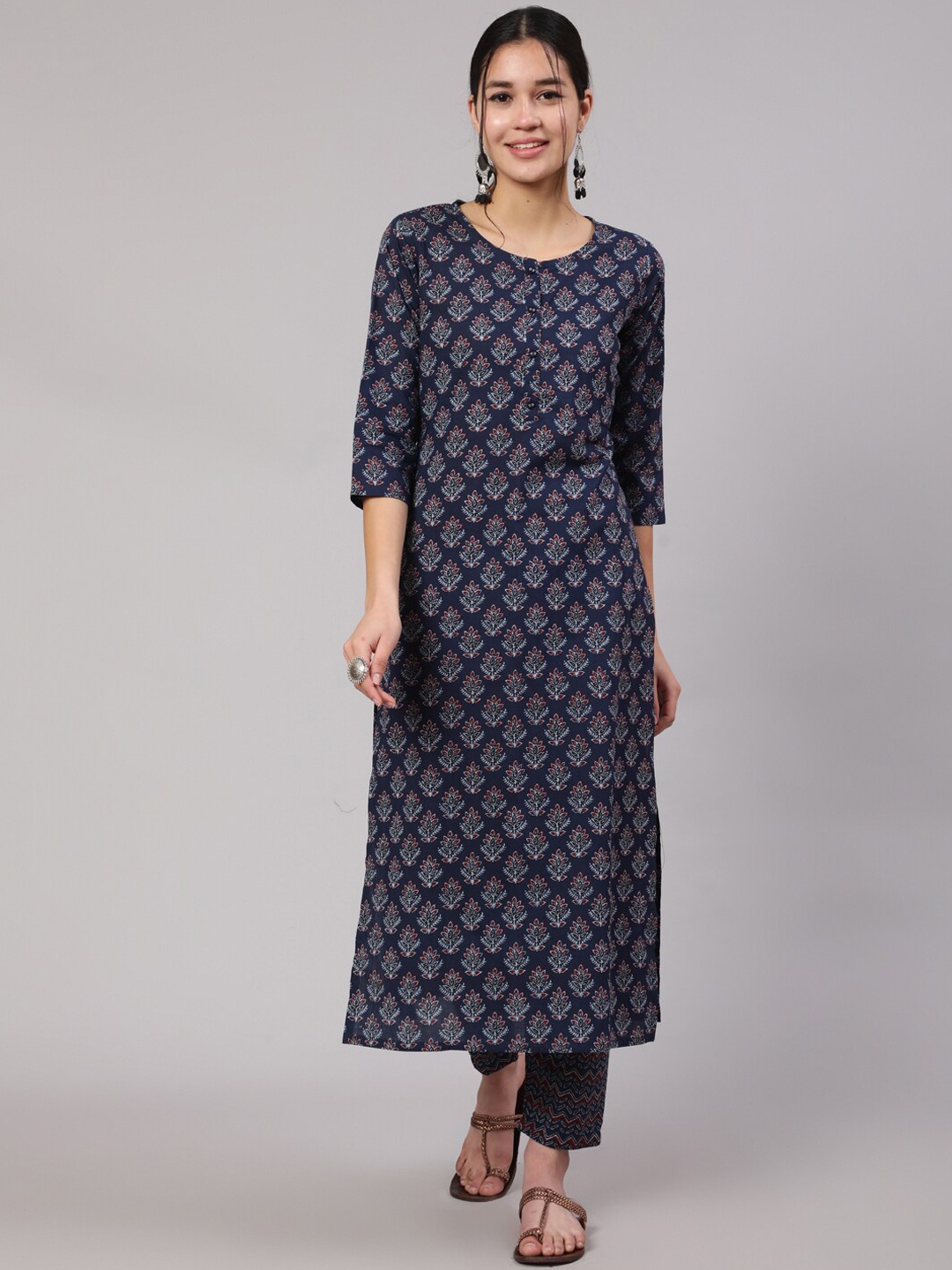 

Nayo Women Printed Pure Cotton Kurta with Trousers, Navy blue