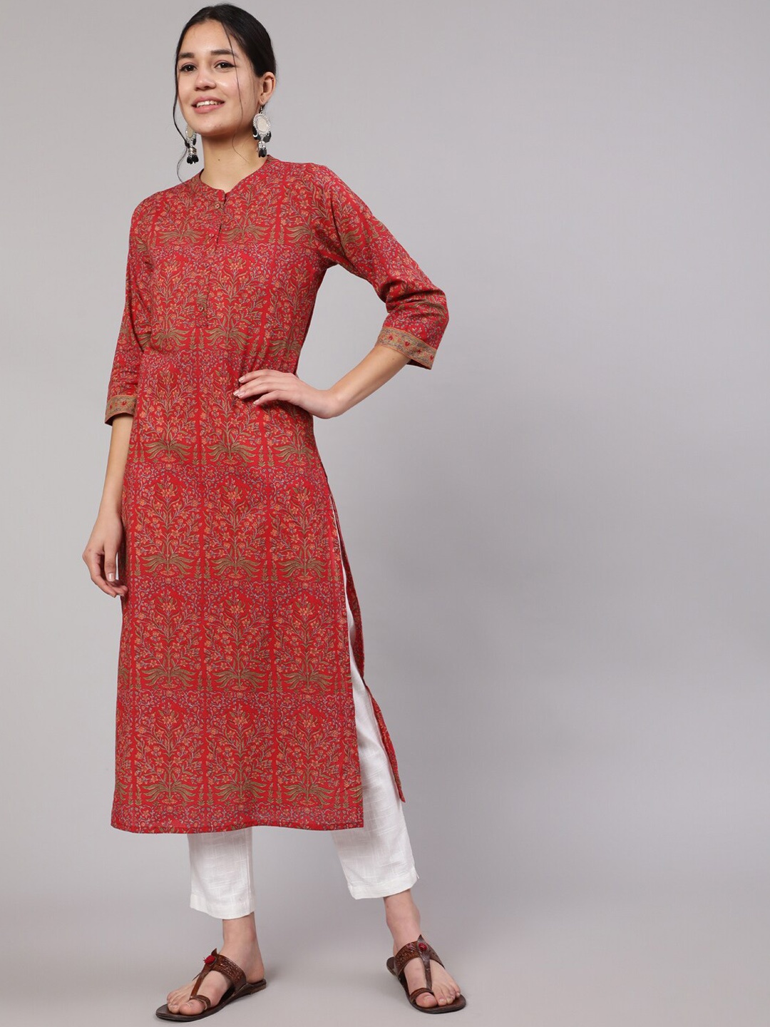 

Nayo Mandarin Collar Ethnic Motifs Printed Cotton Kurta, Red